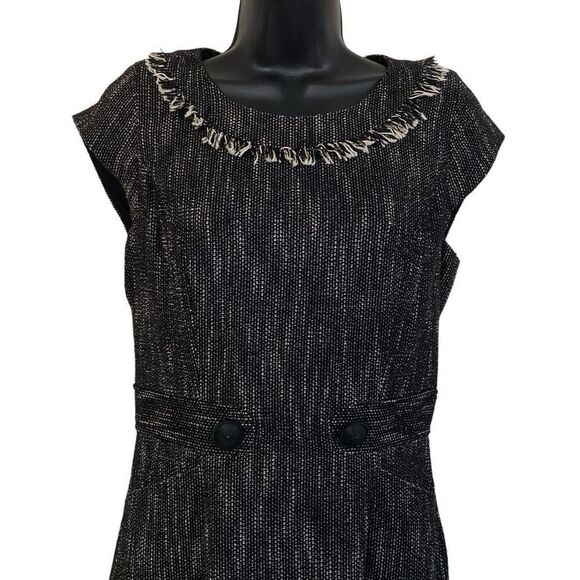 Nanette Lepore Black White Tweed Fringe Cap Sleeve Career Fit & Flare Dress Sz 2 - Picture 9 of 10